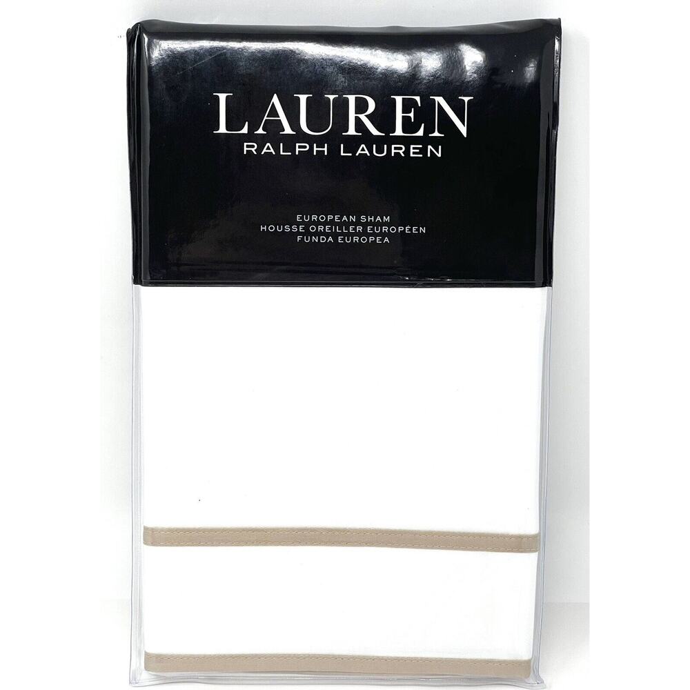 Ralph Lauren Spencer Sateen Border Euro Sham White Classic Tan NWT 26” X 26”